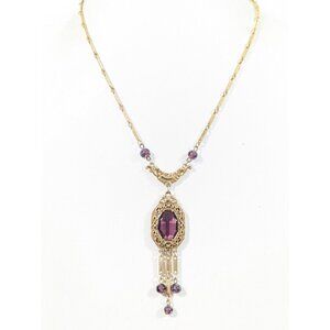Vintage Goldette Etruscan Purple Glass Ornage Bar Cain Charm Y Drop Necklace 18"